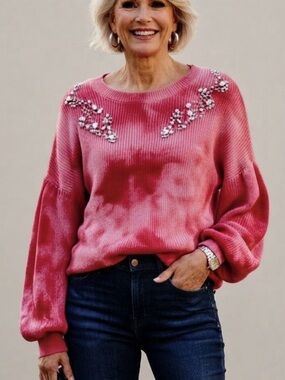 NWT INC Internationalyy Concepts Red Tie-Dye Rhinestone Embellished Sweater XL
